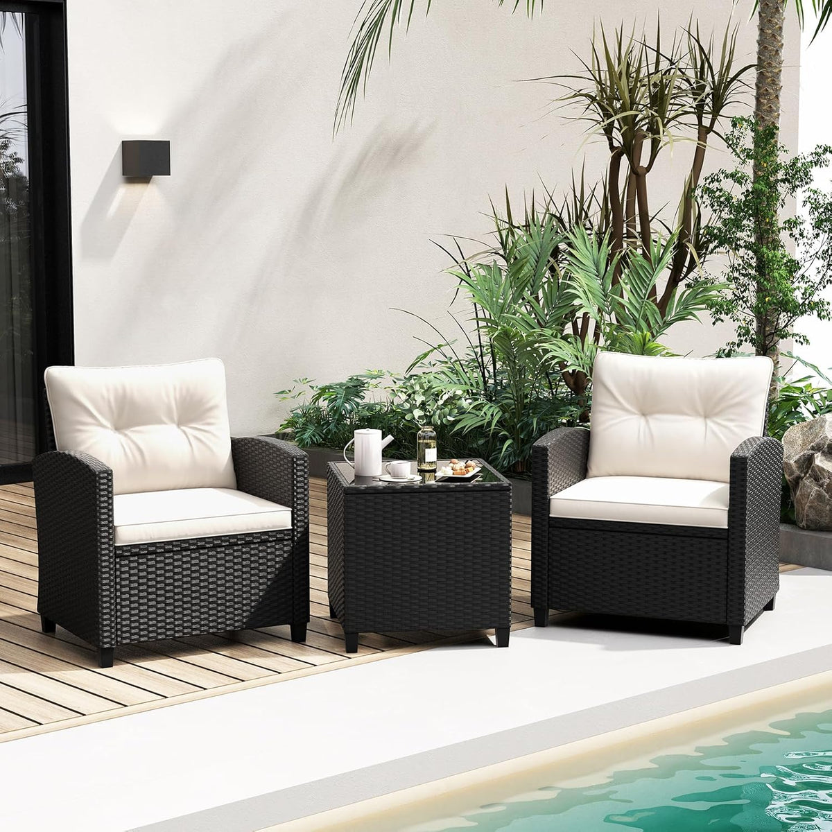 Tangkula 3-Piece Patio Rattan Conversation Set With Cushions And Glass-Topped Coffee Table