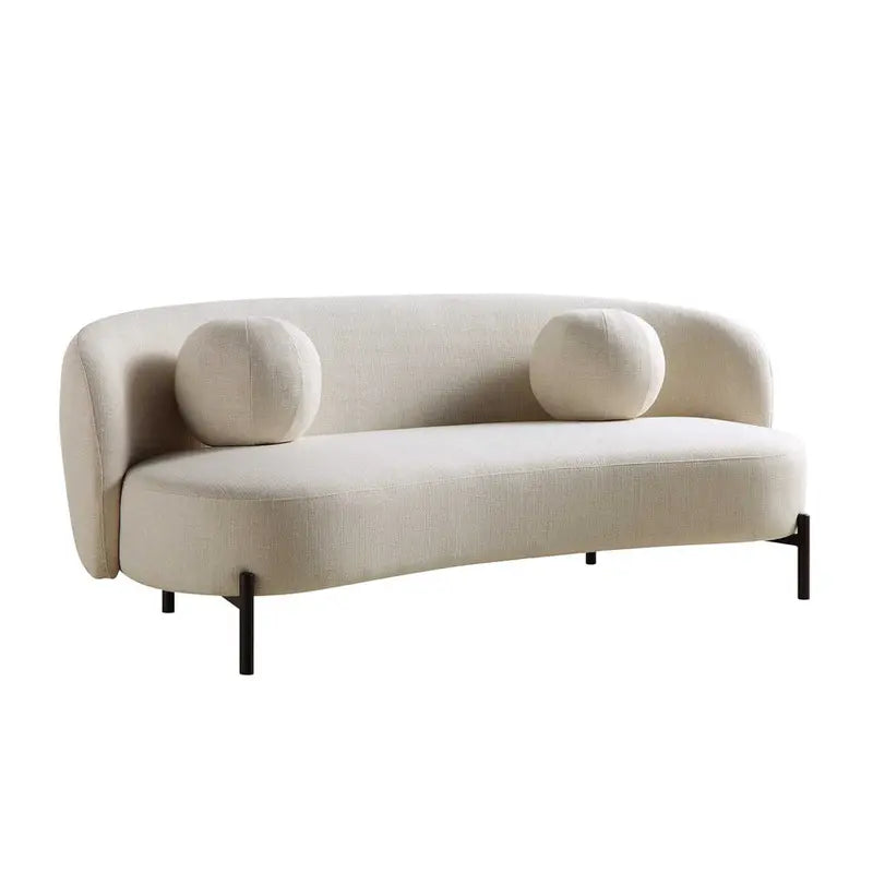 Beige Linen-Blend Curved 3-Seater Sofa With Ball Cushions, W 81.9 x D 37 x H 30.7 in - A120