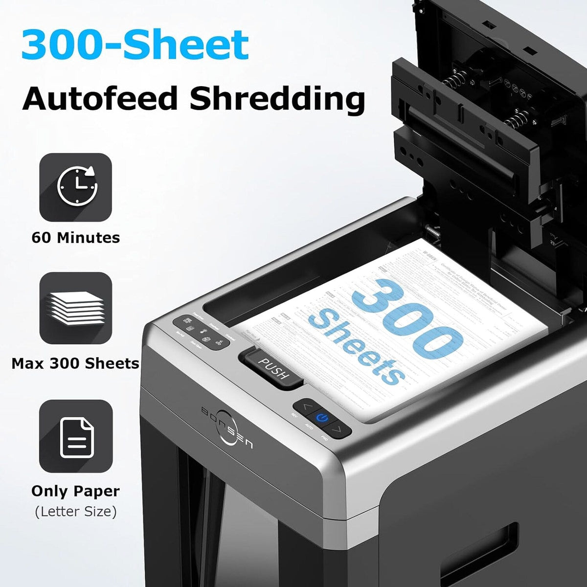 BONSEN Auto Feed Micro-Cut Paper Shredder, 300-Sheet, 60 Min, P-4, 8.1 Gallons, Black