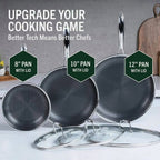 HexClad 6 Piece Hybrid Stainless Steel Cookware Pan Set, 8 inch, 10 inch, 12 inch With Glass Lids - Black