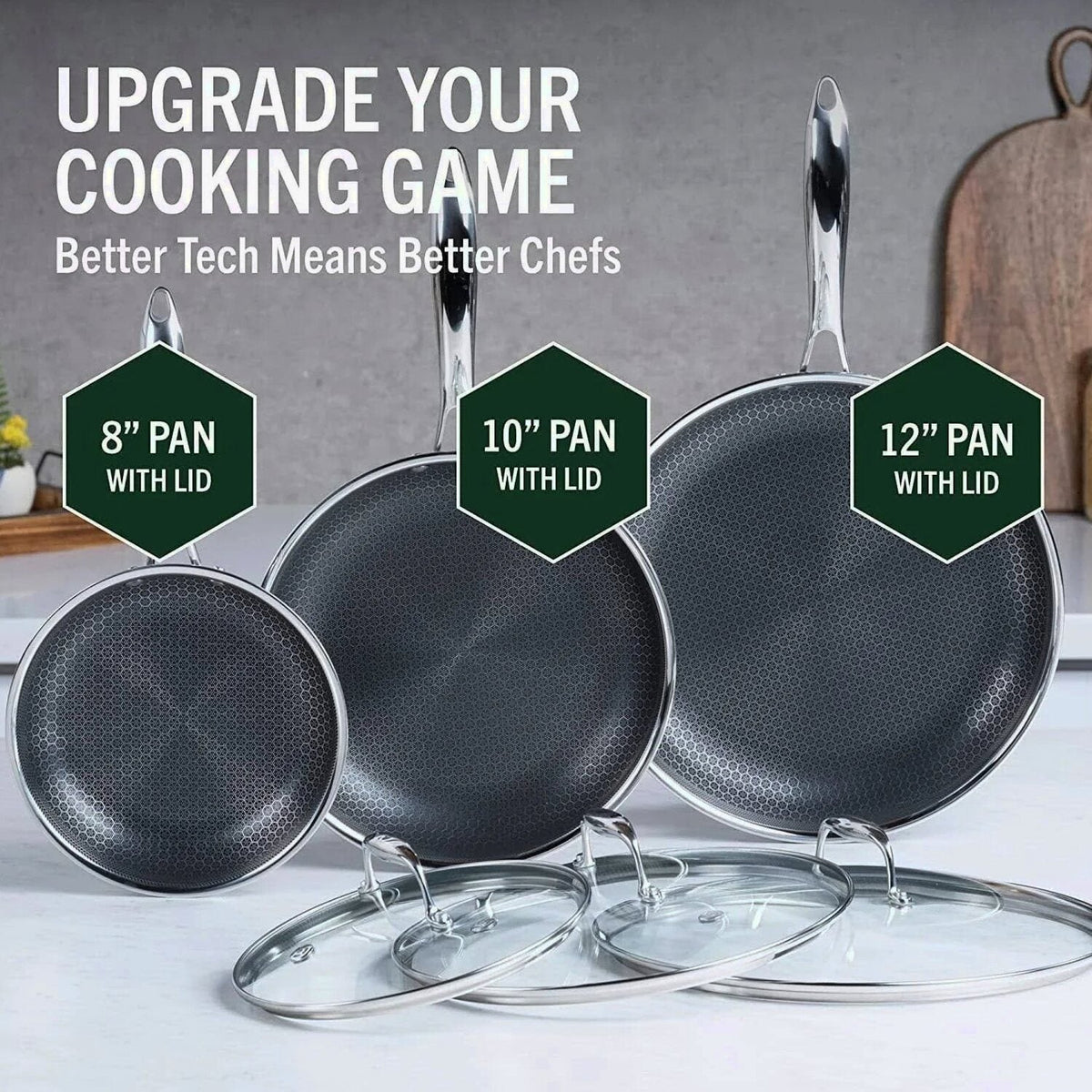 HexClad 6 Piece Hybrid Stainless Steel Cookware Pan Set, 8 inch, 10 inch, 12 inch With Glass Lids - Black