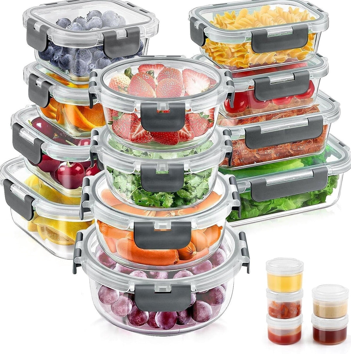 Glass Food Storage Containers With Lids Set, 34 Pieces, Grey