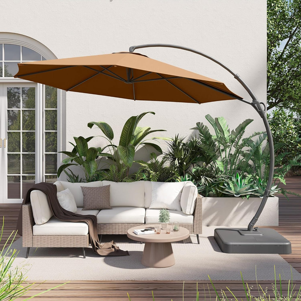 LAUSAINT HOME 11 FT Beige Curvy Cantilever Patio Umbrella With Base