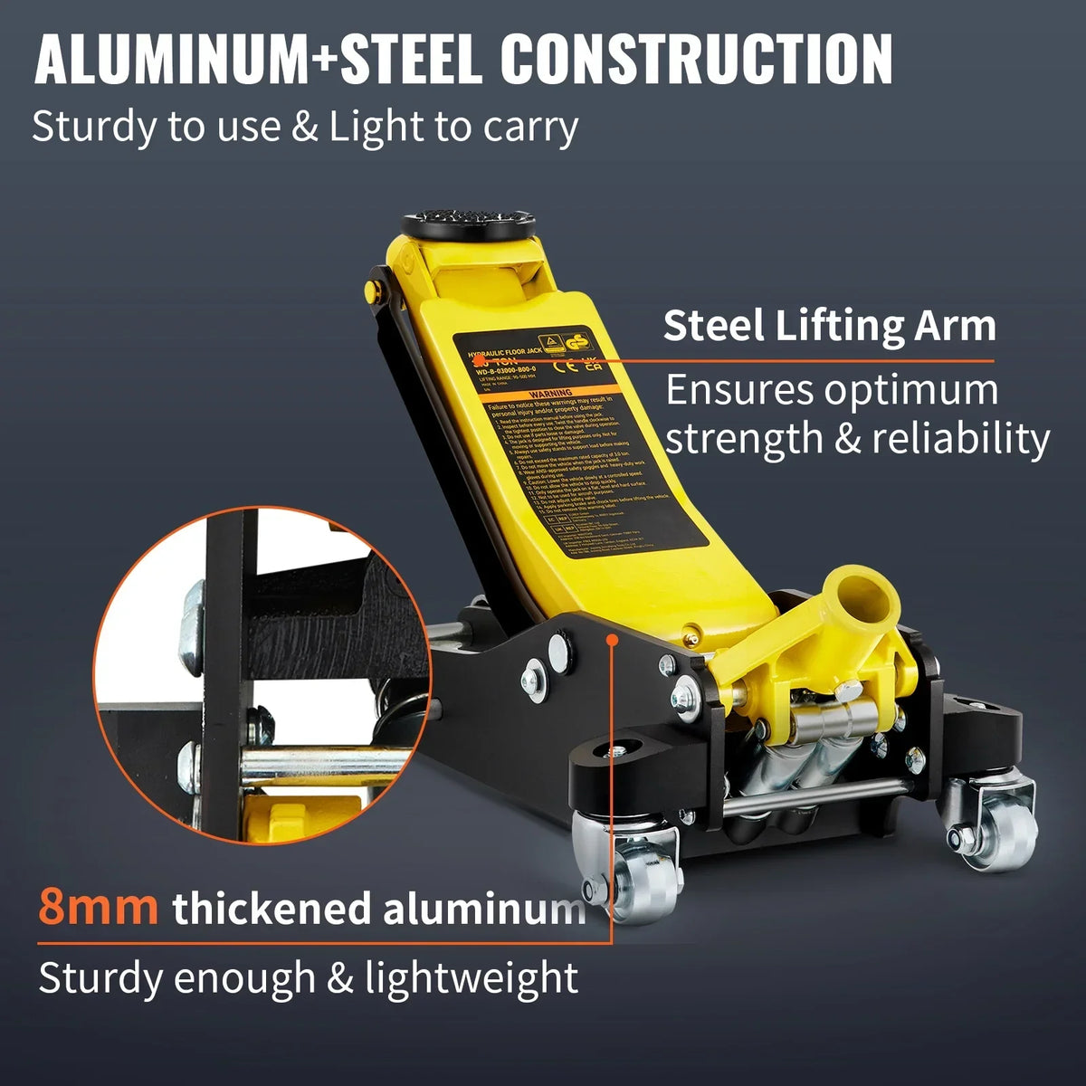 SKYSHALO Low Profile Hydraulic Racing Floor Jack 3 Ton (6600 lbs), Yellow And Black - 3-6/11 in To 19-11/16 in Lift Range