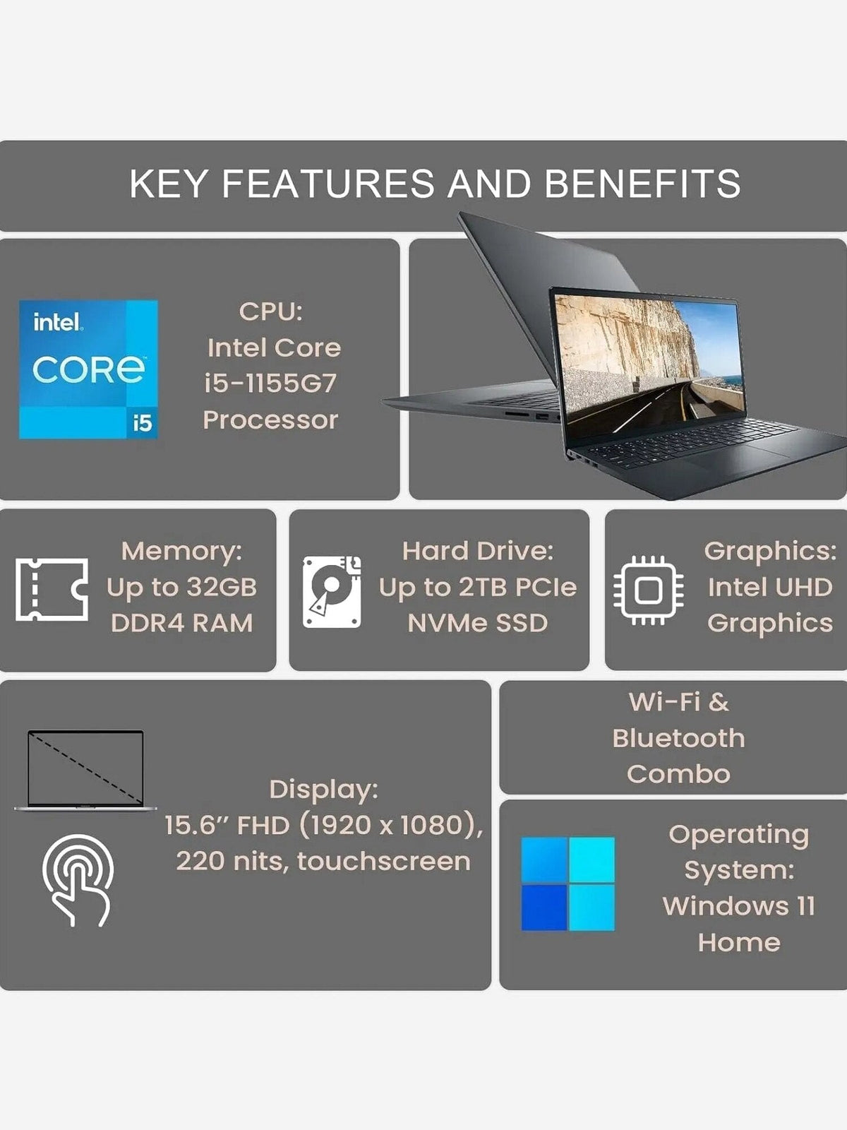 Dell Inspiron 15 3511 Laptop, 15.6-inch FHD Touchscreen, Intel Core i5-1035G1, 12GB RAM, 256GB SSD - 3511