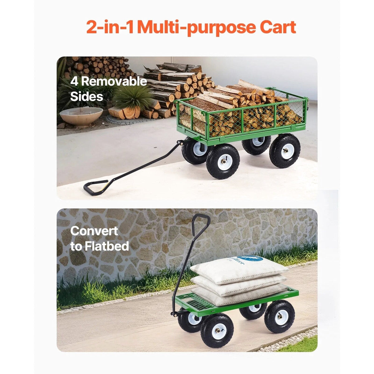 KFFKFF Steel Garden Utility Cart 900 Lbs, 38 x 22 in, 10 in Wheels, Green - V900G