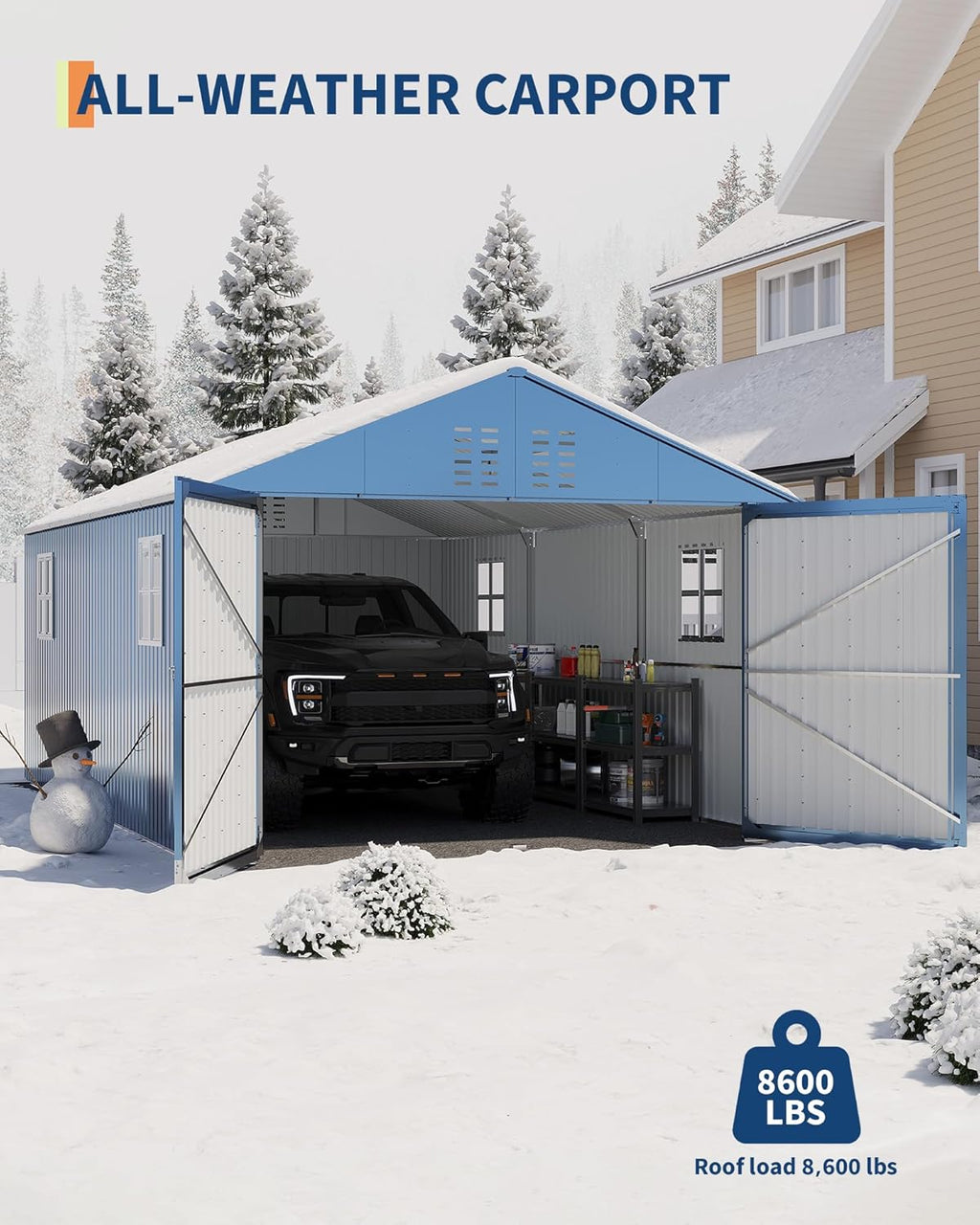 GarveeLife Enclosed Metal Carport 12x20 FT, Gray - Reinforced Frame And Steel Roof
