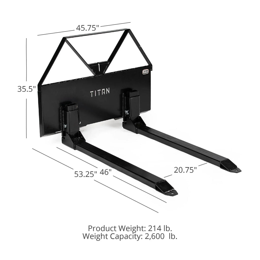Titan Attachments Pin-On Pallet Fork Frame Attachment With 46in Fork Blades And 2600 LB Load Capacity