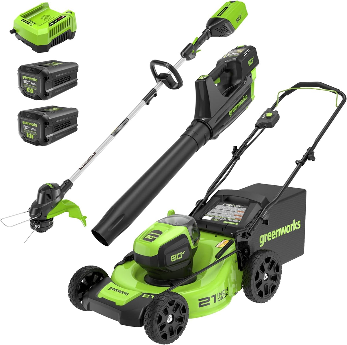 Greenworks 80V 21in Brushless Push Lawn Mower, 500 CFM Blower And 13in String Trimmer - 2 x 2.0Ah Batteries
