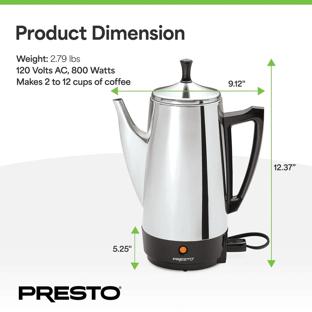 Presto Stainless Steel Percolator Coffee Maker, 12 Cup, Silver