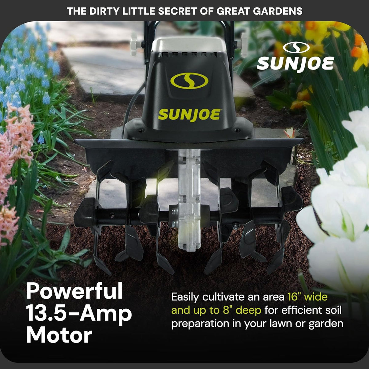 Sun Joe Corded Electric Garden Tiller And Cultivator With Steel Tines, 16 Inch, 13.5-Amp - TJ604E