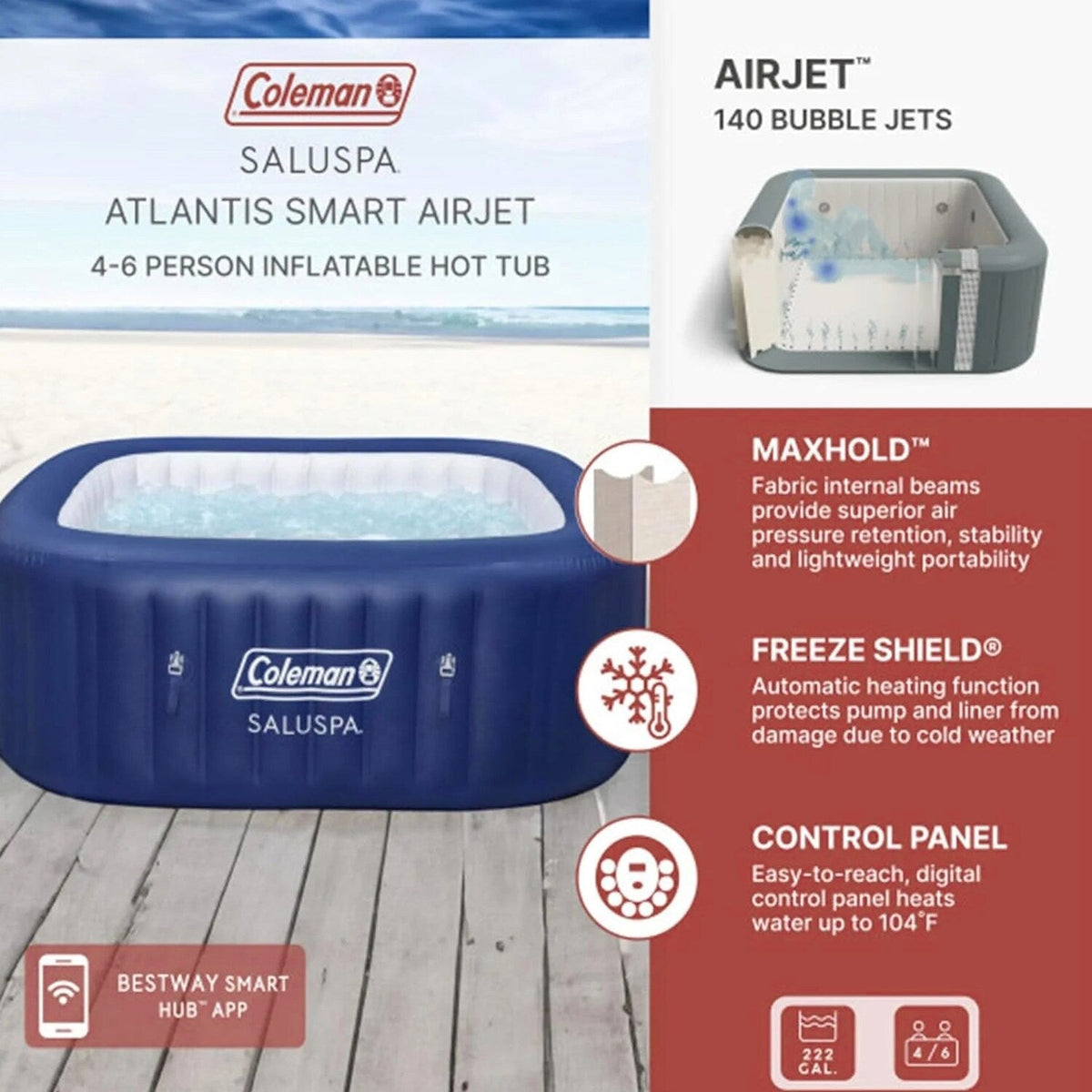 Coleman 4 To 6 Person Square Inflatable Hot Tub With 114 AirJets, Gray - 15442