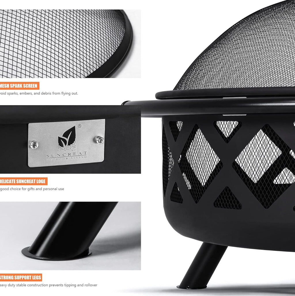 SUNCREAT 42 Inch Star Pattern Wood Burning Patio Fire Pit With Mesh Spark Screen And Poker, Black