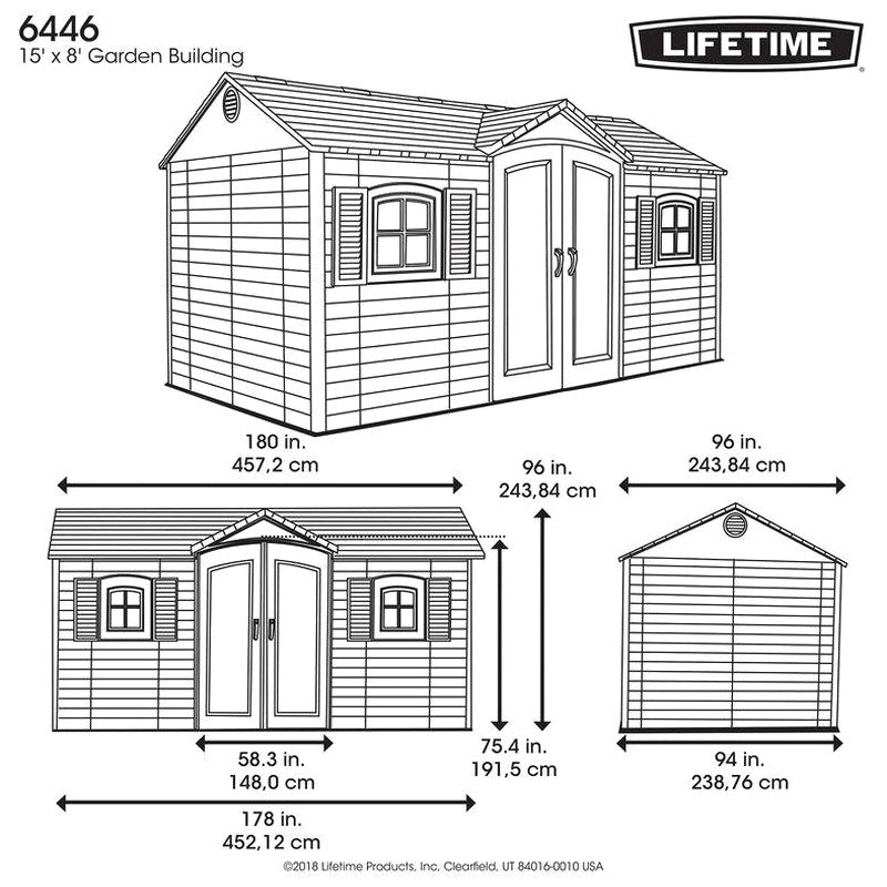 Lifetime Plastic Storage Shed, Side Entry, 15 ft. W x 8 ft. D, Gray/Beige - 6446
