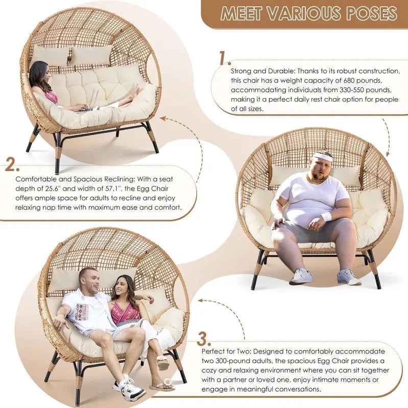 Radiata Double Egg Chair For 2 Person With Thick Cushions, 680 Lbs Capacity
