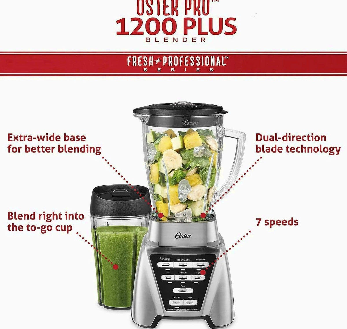 Oster Pro 1200 Blender With Glass Jar, 24-Ounce Smoothie Cup, Brushed Nickel