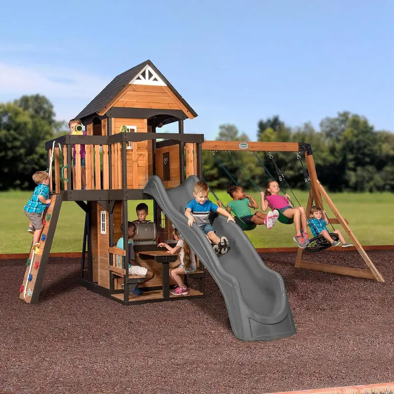 Canyon Creek Cedar Outdoor Playset With Clubhouse, 8-Foot Slide, 2 Belt Swings, Web Disc Swing - 183 x 188 x 119 inches