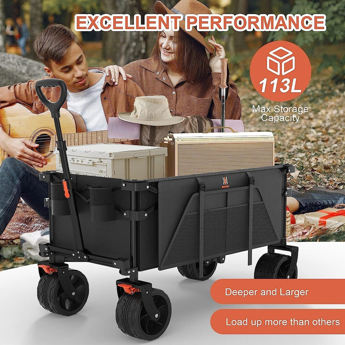 Navatiee Collapsible Folding Utility Wagon Cart With Big Wheels, Side Pocket And Brakes - T1