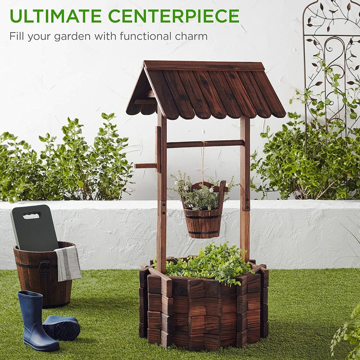 Best Choice Products Rustic Wooden Wishing Well Planter With Hanging Bucket - 16-Inch