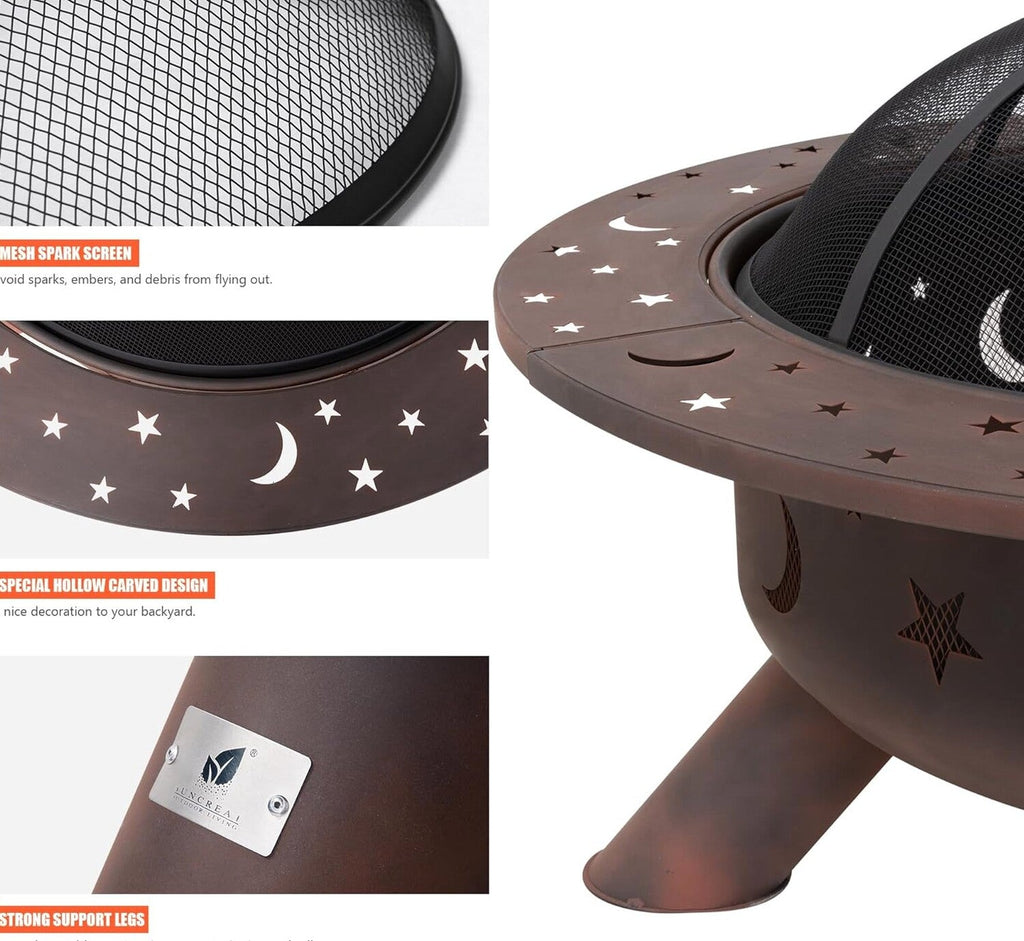 SUNCREAT 42 Inch Star Pattern Wood Burning Patio Fire Pit With Mesh Spark Screen And Poker, Black