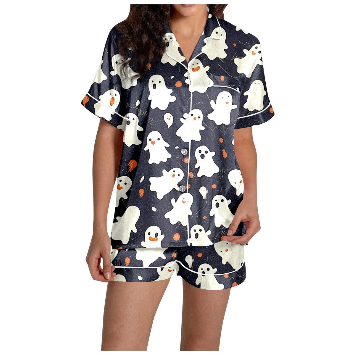 MEZZALL Women Halloween Printed Pajama With Lapel Collar Short Sleeve Tops And Shorts For Home Wear Cozy For Lightweight And Breathable Comfort Relaxed Fit 2 Piece Pjs