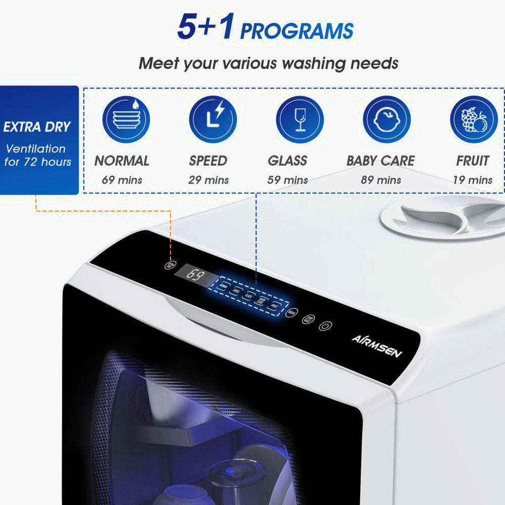 AIRMSEN Portable Countertop Dishwasher, 5-Liter Built-In Water Tank, 5 Washing Programs - AE-TDQR03