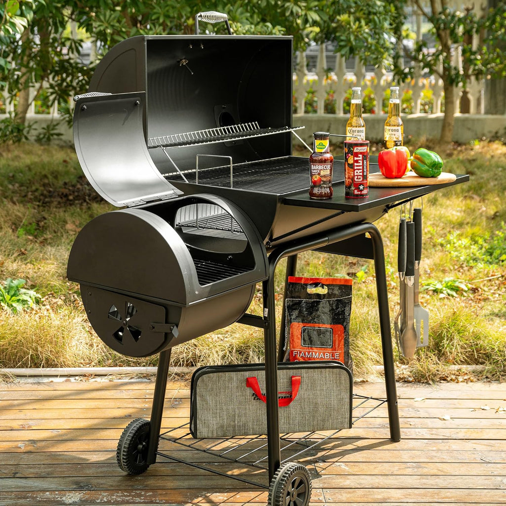 Charcoal Grill And Offset Smoker, 30in L, 800 Square Inch, Black