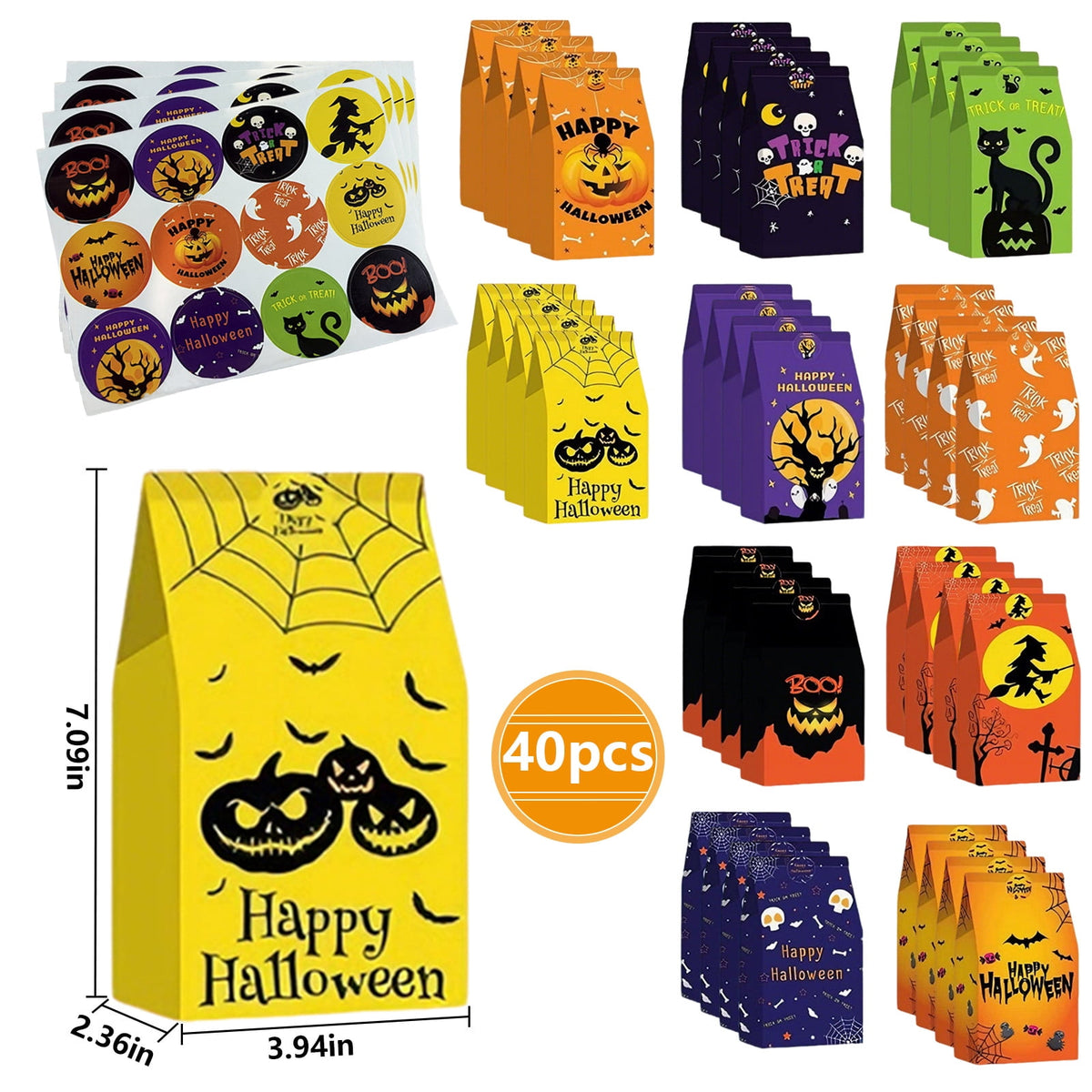 AGCAN 40 Pcs Halloween Treat Bags, Paper Goodie Bag with 48 Stickers, 10 Design, Party Favor Bags for Gifts, Halloween, Party