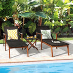 Acacia Wood Rattan Patio Chaise Lounge Chair Set With Folding Side Table