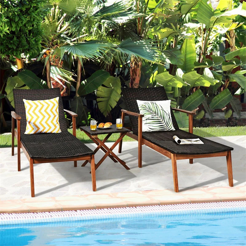 Acacia Wood Rattan Patio Chaise Lounge Chair Set With Folding Side Table