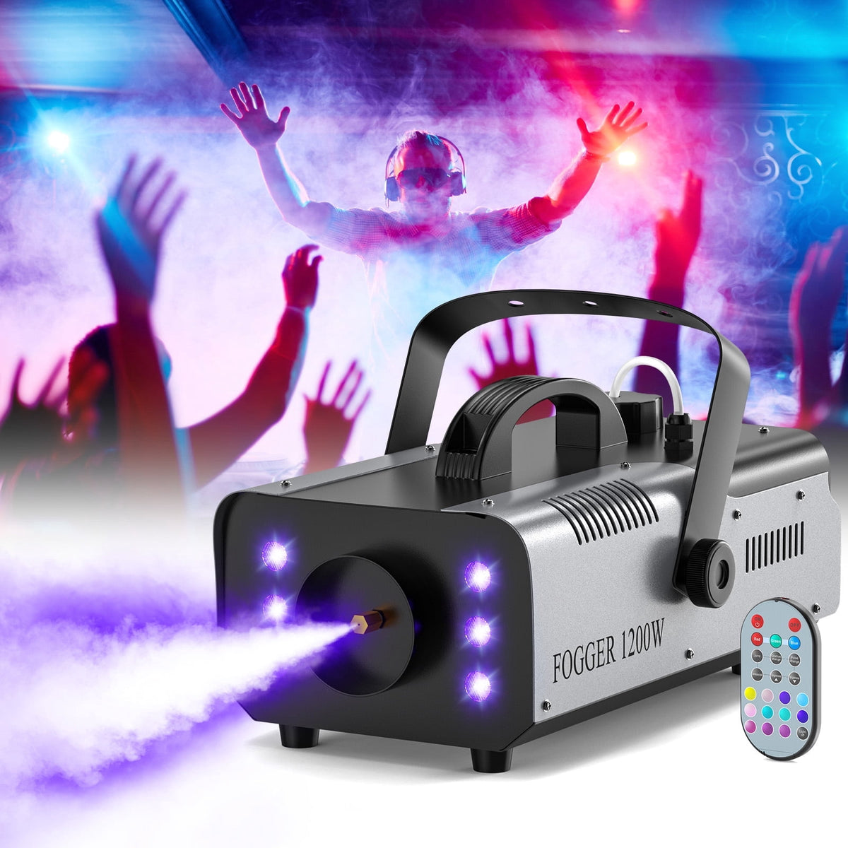 Fog Machine 1200W and 6000CFM Smoke Machine with Wireless Remote Control and 6 Colorful LED Lights for Christmas Thanksgiving Wedding Stage Effect DJ Disco Party Stage