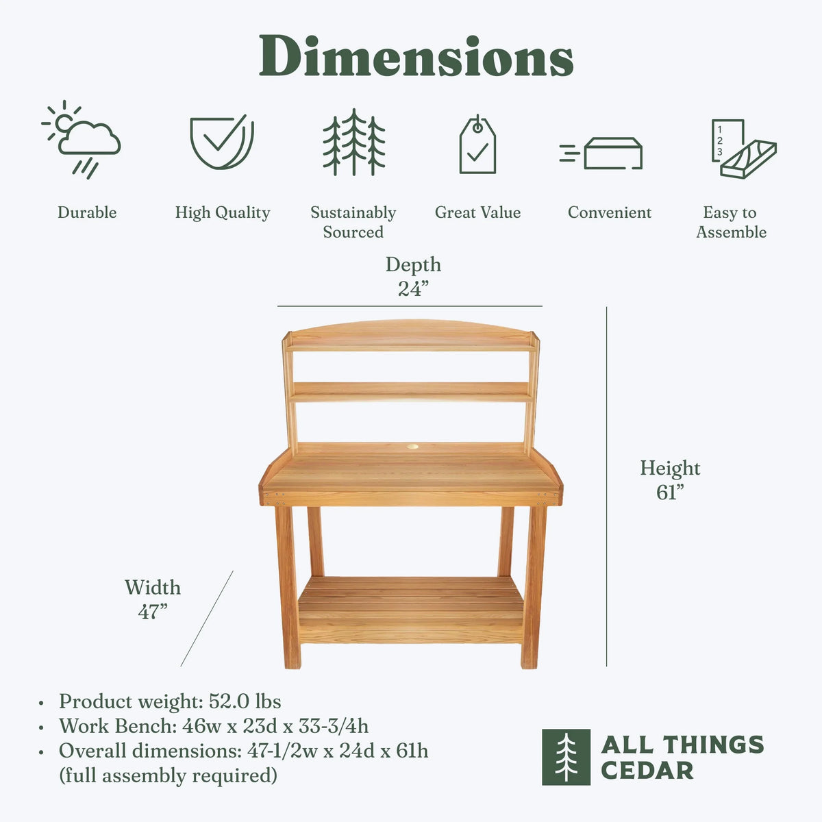 All Things Cedar Deluxe Potting Bench Outdoor Garden Workstation Table - 47-1/2L x 24W x 61H