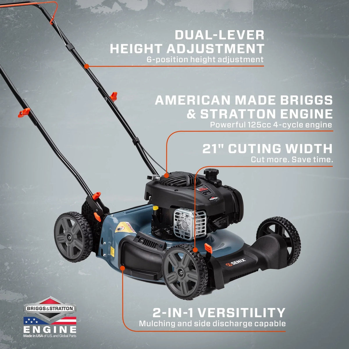 SENIX 21-Inch 125 cc 4-Cycle Gas Push Lawn Mower - LSPG-M3