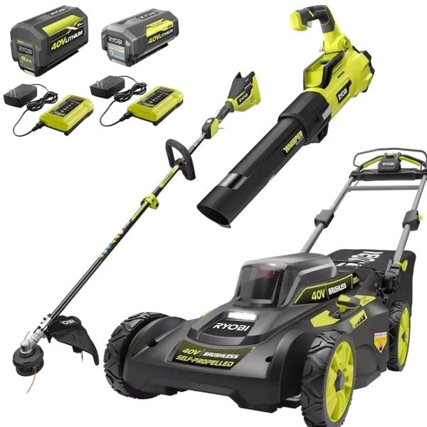 RYOBI 40V 20 in Self-Propelled Mower/Trimmer/Blower Kit, 2 Batteries, 2 Chargers - RY401120-Y/Ry40270/RY40407BTLVNM