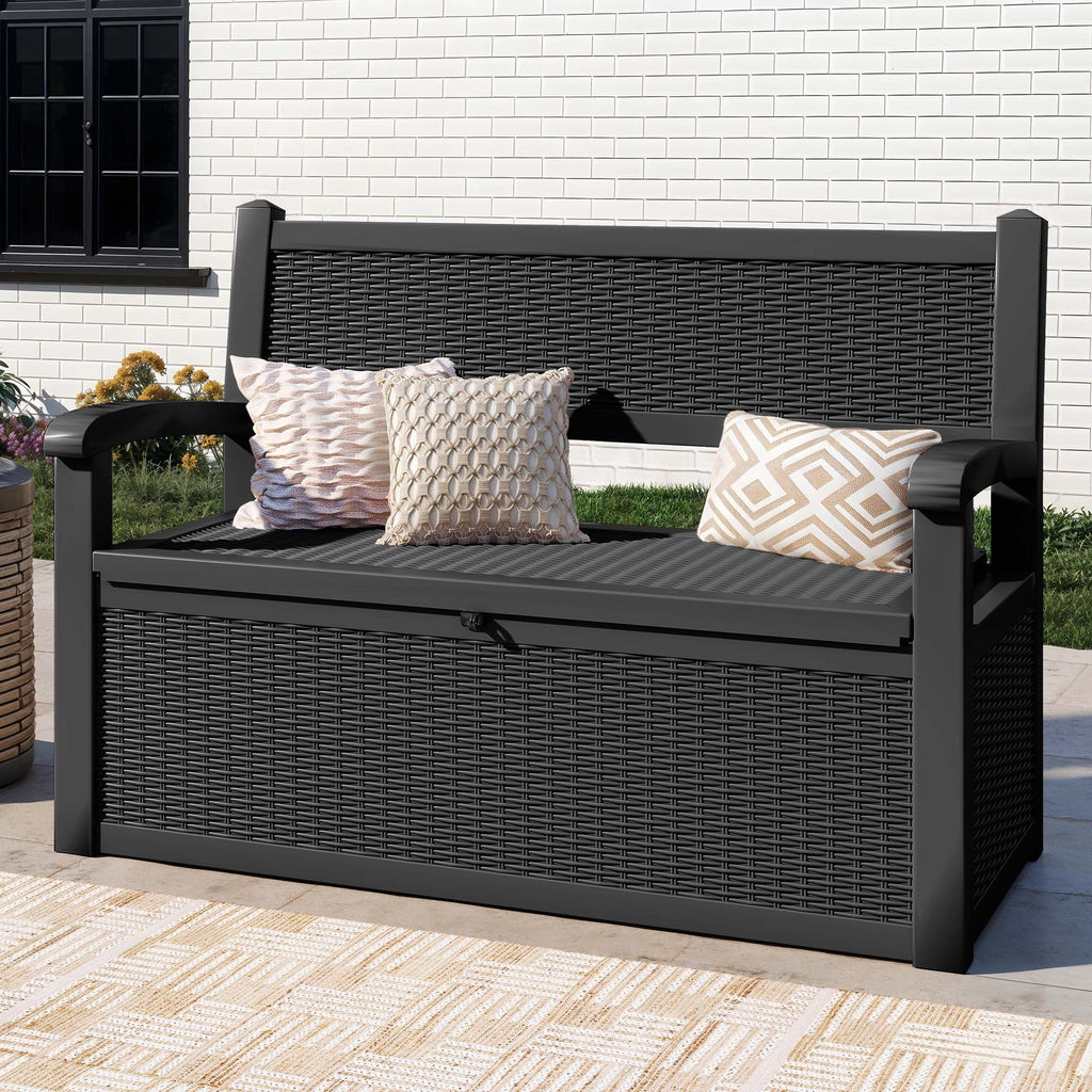 ModFusion 70-Gallon Outdoor Resin Storage Bench With Rattan Backrest, Black - C