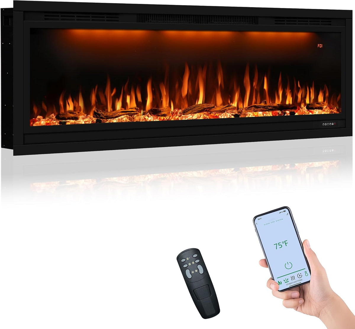 Valuxhome 50 Inch Recessed Electric Fireplace With WiFi Smart Control, Black
