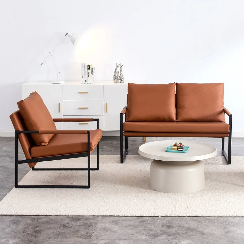 Modern Two-Seater Sofa Chair With 2 Pillows, PU Leather, Brown - SF-D008