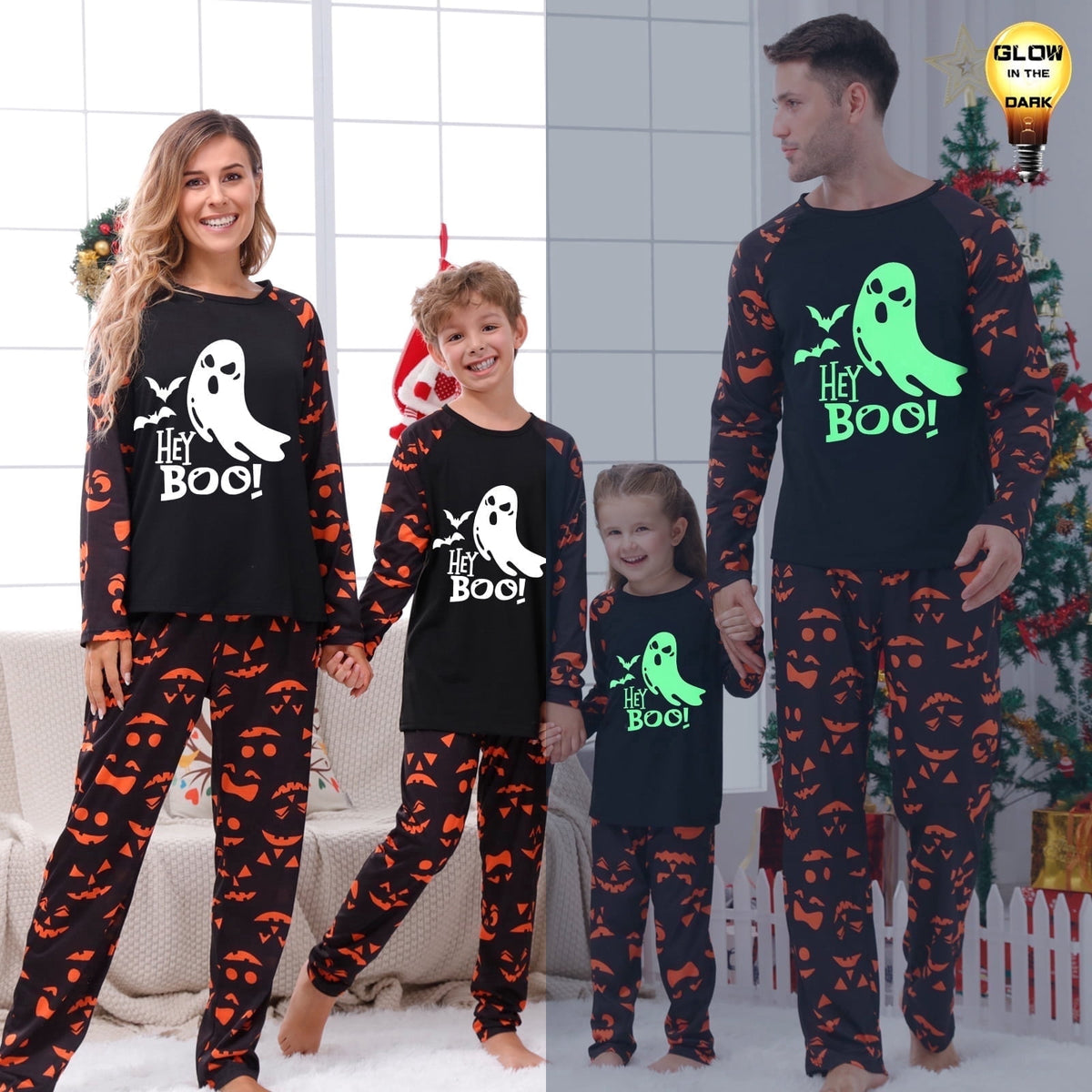 DAKIMOE Halloween Pajamas Family Matching Glow In The Dark Halloween Print Long Sleeve PJs Set Outfits 2 Pieces Cotton Loungewear Sleepwear for Adult Men Women Kids Toddler, Mom-M