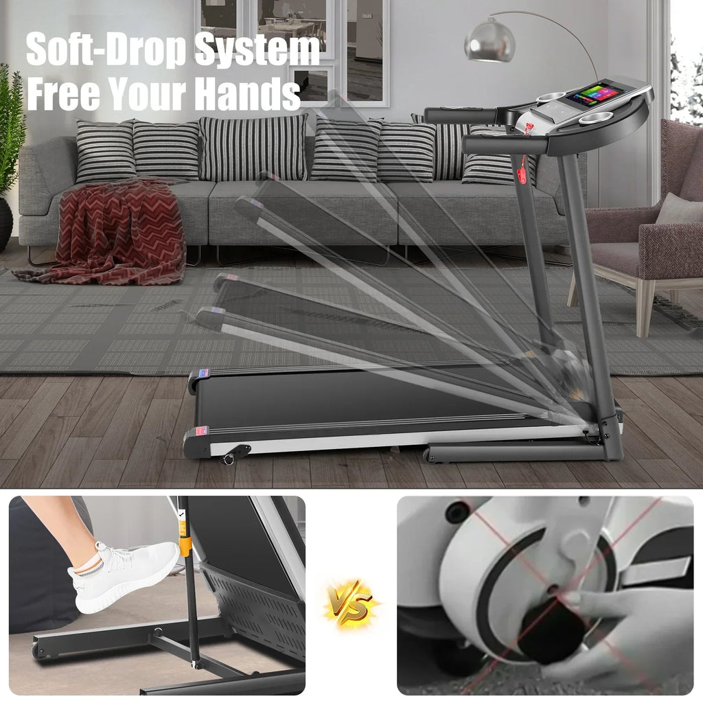 Simpfree Folding Treadmill With 10 Inch HD Touchscreen, 3.25HP, 0.5-9.0 MPH, Black