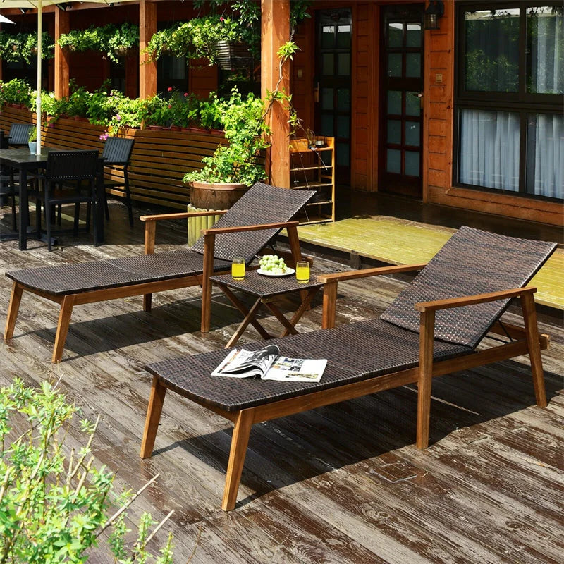 Acacia Wood Rattan Patio Chaise Lounge Chair Set With Folding Side Table