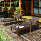 Acacia Wood Rattan Patio Chaise Lounge Chair Set With Folding Side Table