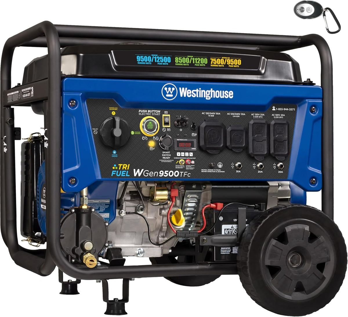 Westinghouse Tri-Fuel Portable Generator, 12500 Peak Watts, Remote Electric Start, Transfer Switch Ready