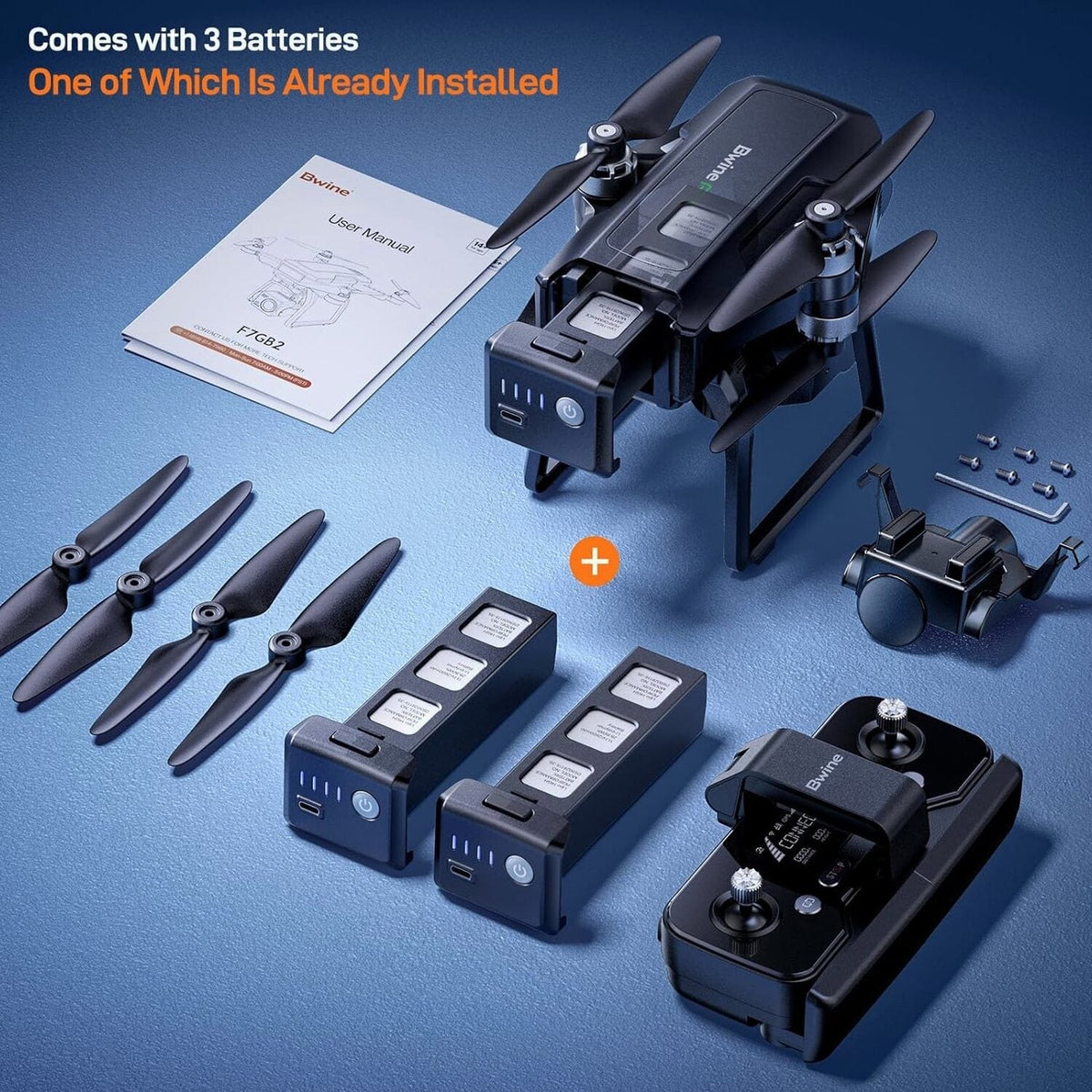 Bwine GPS Camera Drone With 4K Night Vision, 3-Axis Gimbal, 3 Batteries, Black - F7GB2 3B