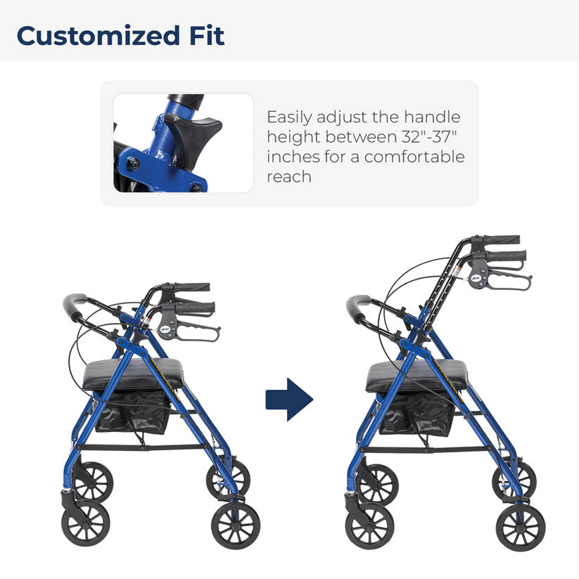 Drive Medical 4-Wheel Rollator Walker With Padded Seat, Backrest And 6-Inch Wheels - Blue