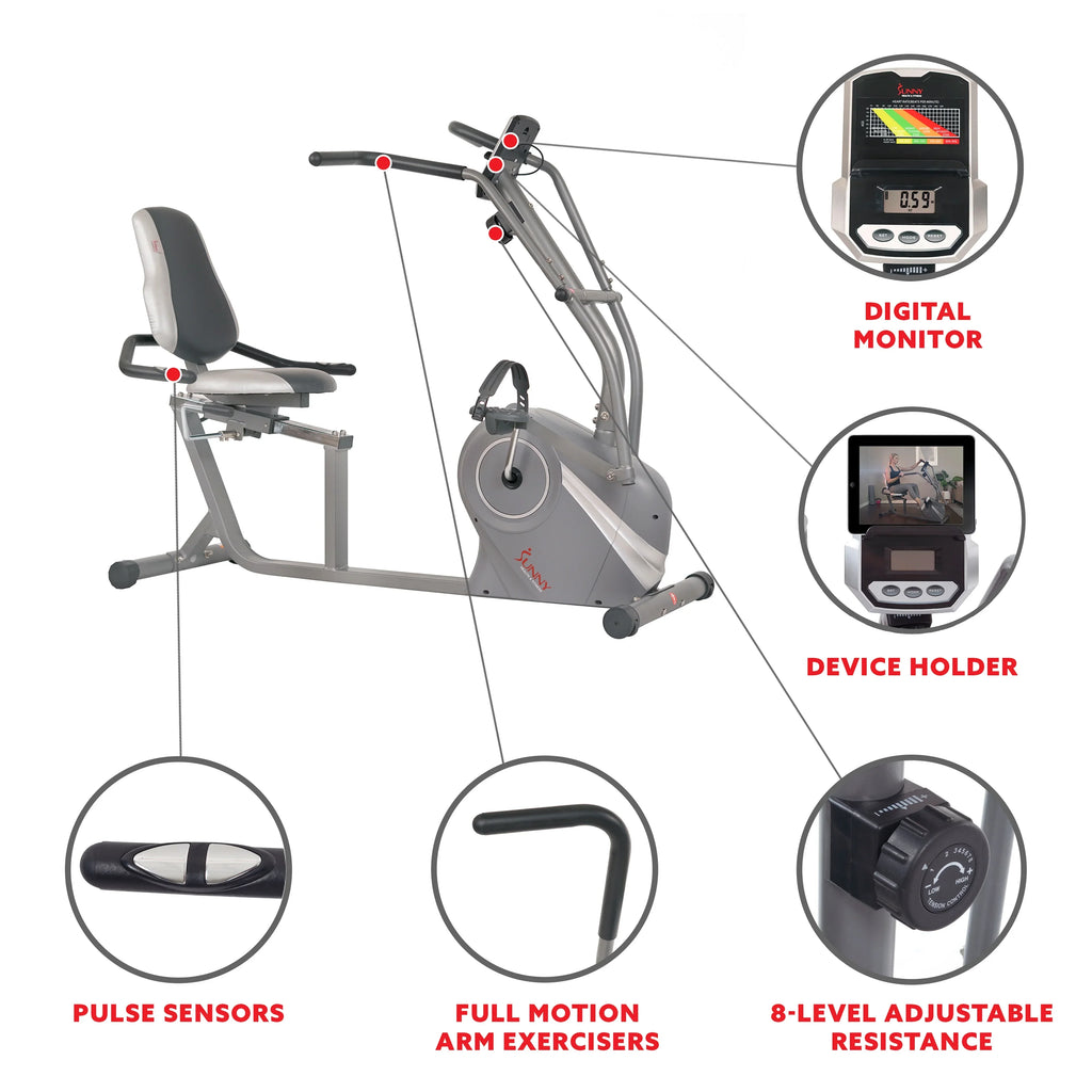 Sunny Health & Fitness Magnetic Recumbent Cross Trainer Bike With Arm Exercisers - SF-RB4936
