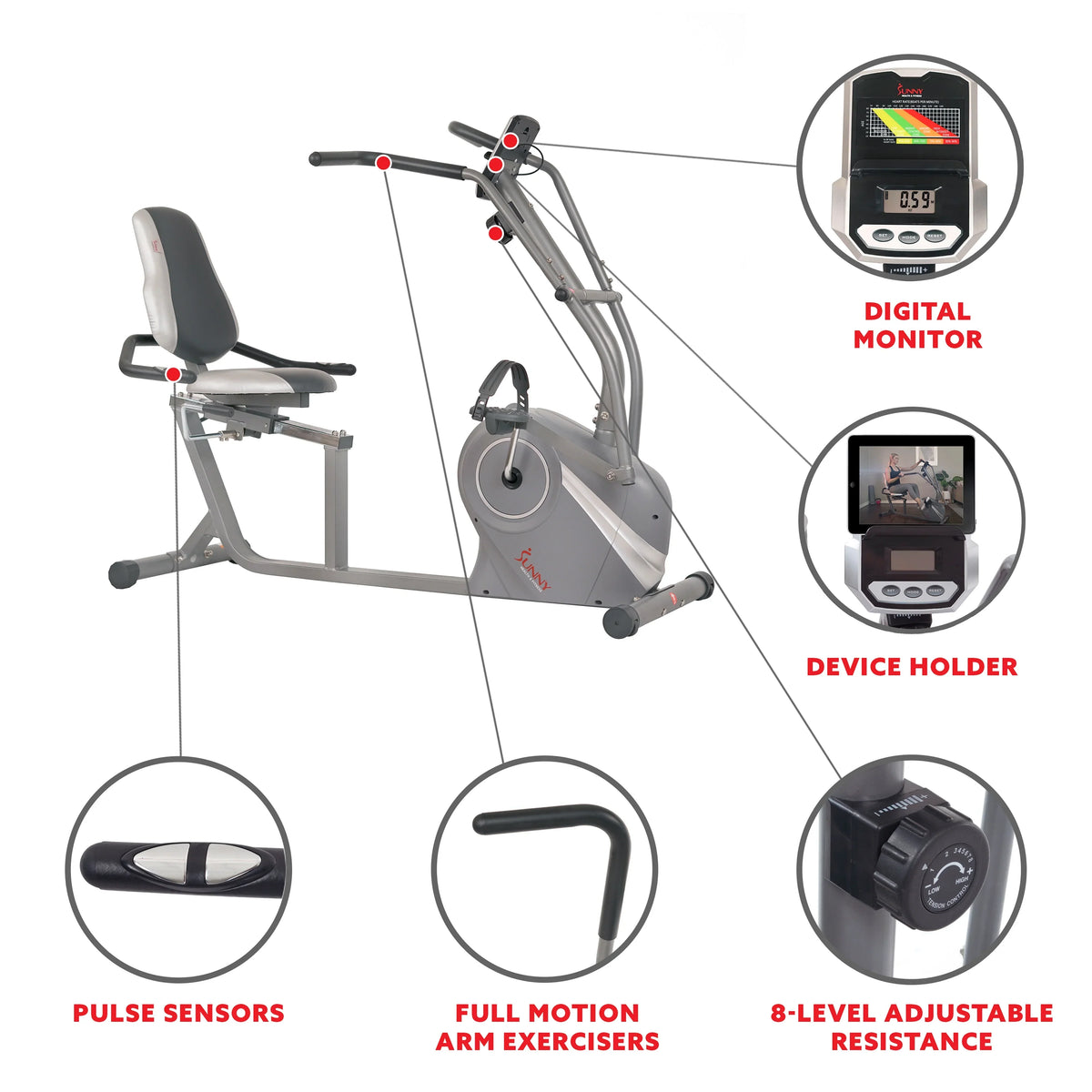 Sunny Health & Fitness Magnetic Recumbent Cross Trainer Bike With Arm Exercisers - SF-RB4936