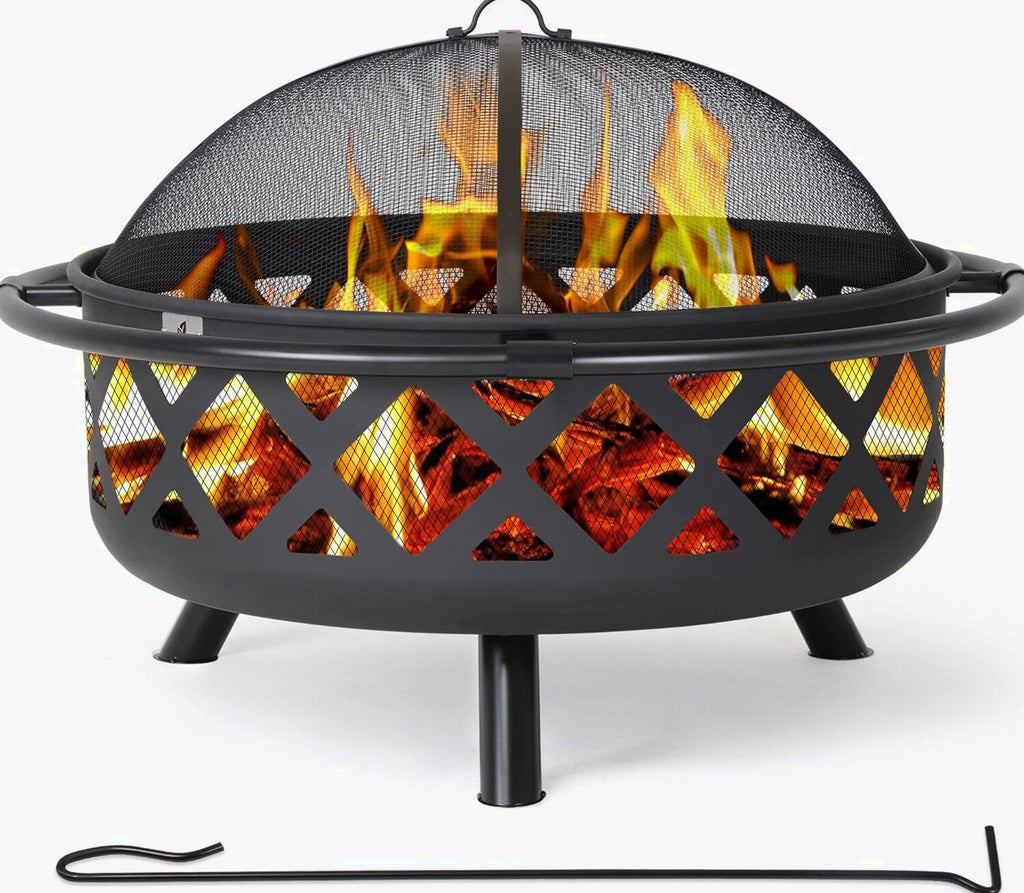 SUNCREAT 42 Inch Star Pattern Wood Burning Patio Fire Pit With Mesh Spark Screen And Poker, Black