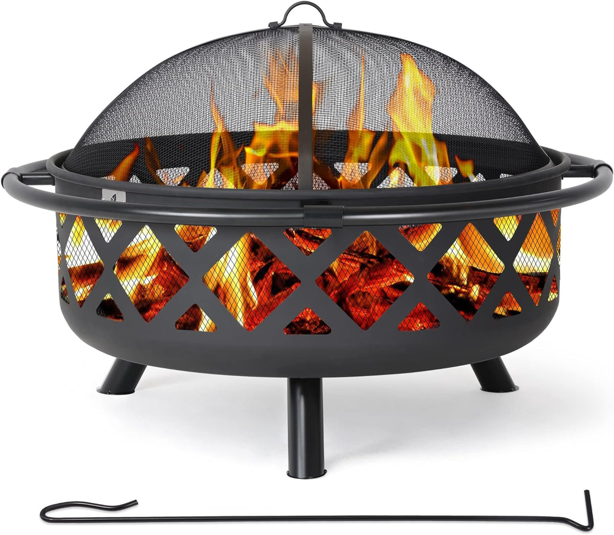 SUNCREAT 42 Inch Star Pattern Wood Burning Patio Fire Pit With Mesh Spark Screen And Poker, Black