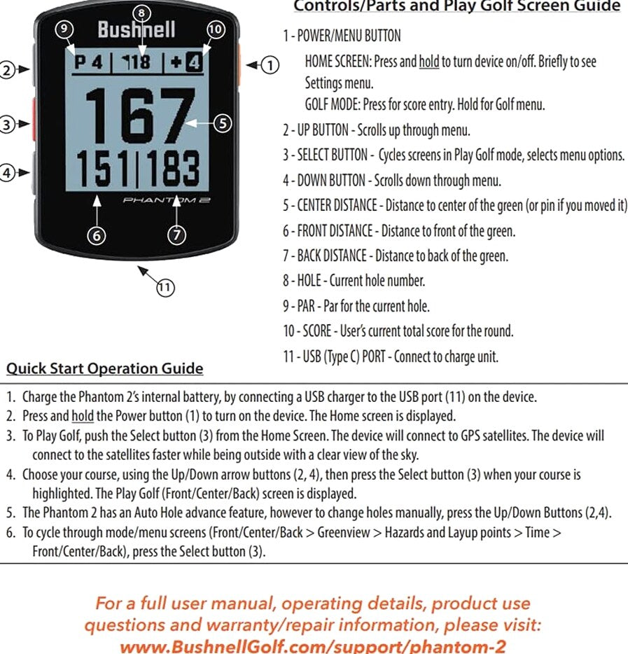 Bushnell Phantom 2 Golf GPS Rangefinder - Black
