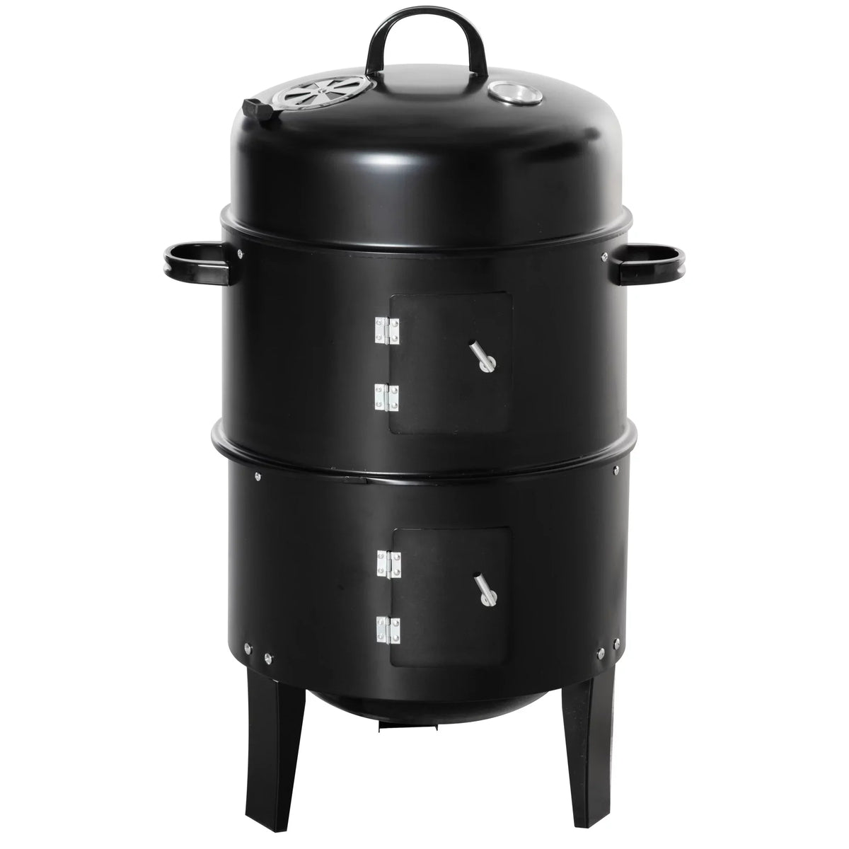 Outsunny 3-in-1 16in Round Charcoal BBQ Smoker Grill With 2 Cooking Areas And Thermometer - Black